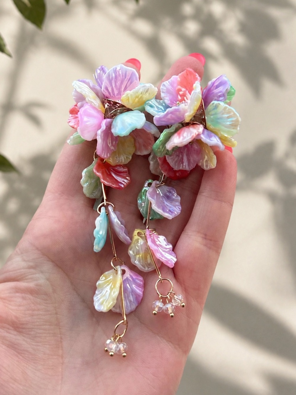 Pastel Floral Drop Cascading Earrings - Multicolor Summer Petal Design